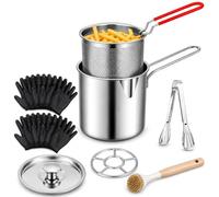 Personal Mini Deep Fryer Set, Mini 304 Stainless Steel Deep Fryer Pot with Basket, Mini Deep Fryers Set with Handle & Strainer Basket, for Frying Fish Shrimp Chicken and Fries (1SET+brush+10 gloves)