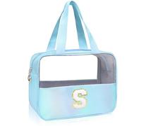 Personalized Initial Clear Makeup Bag Blue Cosmetic Bag Set Large Travel Toiletry Bag, Cute Clear Make Up Bags Organizer Bag for Girlfriend Teacher Gifts Teen Girl Gifts Trendy Stuff S (Blue)
