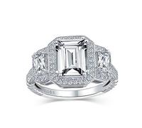 Personalizza Anello di Fidanzamento in Stile Art Deco Vintage 3CT AAA CZ Halo Rettangolare Taglio Smeraldo per Donne con Pietre Laterali CZ Baguette in Argento Sterling .925 Personalizzabile
