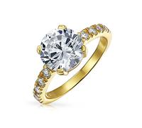 Personalizza anello di fidanzamento solitario rotondo brillante 4CT AAA CZ per donne in argento sterling .925 placcato in oro giallo 14K con pavé di zirconi cubici e fascia laterale di pietre da 2MM