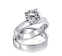 Personalizza Classico Semplice 2CT Zircone Cubico Rotondo Solitario Fascia Larga AAA CZ Set di Anelli di Fidanzamento e Matrimonio per Anniversario per Donne .925 Argento Sterling Personalizzabile