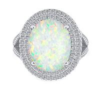 Personalizzare Stile Vintage Gemma Iridescente Bianco Creato Opale Grande Ovale Split Shank Pave CZ Accent Doppio Halo Dichiarazione Anello Donne .925 Sterling Silver October Birthstone
