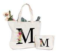 Personalizzata Iniziali Borsa Tela Donna, Borsa Shopper Donna con Lettere e Fiori Cotone Borsa Canvas, Borsa Cosmetica per Sposa Damigella, Idea Regalo Donna Mamma, Compleanni, Matrimonio(M)