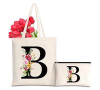 Personalizzata Iniziali Borsa Tela Donna, Borsa Shopper Donna con Lettere e Fiori Cotone Borsa Canvas, Borsa Cosmetica per Sposa Damigella per Migliore Amica Mamma Regalo Anniversario Compleanno (B)