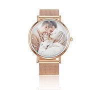 Personalizzati Foto Orologio da Polso per Donna con Incisione Testo Moda Orologio Metallo Cinghia Rose Gold Quadrante Nero Impermeabile Regalo di Compleanno per la Madre Fidanzata Famiglia (Oro rosa)