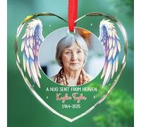 Personalizzato Aggiungi foto A Hug Sent from Heaven Glass Keepsake 2025, Ornamenti commemorativi di simpatia Natale, Ornamento di vetro personalizzato ali di angelo con nome e anno, ornamento di