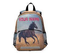 Personalizzato Nome Zaino,Personalizzato Bambini Zaino Per Ragazzi Ragazze Nero Cavallo Galoppo Zaino Scuola Scuola Materna Viaggio, Multicolore, M
