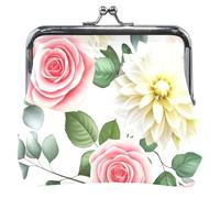 Personalizzato Rose Rosa Crema Dalie Floreale Bianco Donne Carino Coin Purse Fibbia In Pelle Bacio Blocco Cambiamento Titolare Del Sacchetto di Carta, Rose Rosa Crema Dalie Floreale Bianco, classico