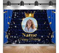 (Personalizzato) Tenda personalizzata con foto e nome, decorazione con corona dorata su sfondo blu, in tessuto di poliestere, adatto per matrimoni, anniversari, feste di compleanno, bar, prima session
