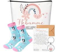 Perthlin Set Regalo Ostetrica "Ostetrica con Cuore" Include 1 Borsa per Cosmetici 1 Portachiavi con Incisione 1 Paio di Calzini 1 Biglietto di Ringraziamento con Busta Regalo per Ostetriche