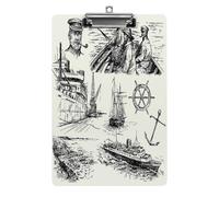 Pescatore Capitano Marinaio Barca a vela Vecchio schizzo storico Opera d'arte monocromatica Acrilico Appunti Formato lettera Clip in metallo Robusta lavagna per scrivere Porta documenti in plastica r