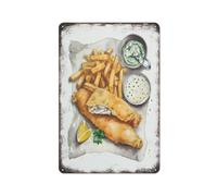 Pesce e patatine fritte Cibo Pesce Decorazione Frutti di mare Arte murale Pesce e patatine fritte Poster Targa in metallo Poster Cultura vintage Alluminio Giardino Ristorante Soggiorno Camera da let