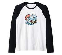 Pesce Koi Rosso e Nero Ispirato al Feng Shui Yin Yang in Onda Maglia con Maniche Raglan