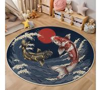 Pesci Koi Sole Rosso Onde Dell'Oceano Tappeti Para Dormitorio, Stile Giapponese Ukiyo-E Antiscivolo Tappeto Rotondo, Blu Intenso Tappeto Rotondo per Cucina Casa Zona Balcone Tappet Tavolino, 60cm