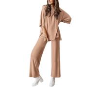 Peshoriadm Casual 2-Piece Loose-Fit Short Sleeve Top & Wide-Leg Pants Set, For Daily Wear Or Loungewear (Khaki,M)