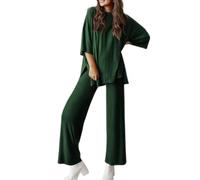 Peshoriadm Casual 2-Piece Loose-Fit Short Sleeve Top & Wide-Leg Pants Set, For Daily Wear Or Loungewear (Green,XXL)