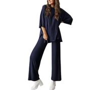 Peshoriadm Casual 2-Piece Loose-Fit Short Sleeve Top & Wide-Leg Pants Set, For Daily Wear Or Loungewear (Dark Blue,M)