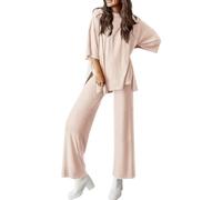 Peshoriadm Casual 2-Piece Loose-Fit Short Sleeve Top & Wide-Leg Pants Set, For Daily Wear Or Loungewear (Beige,M)