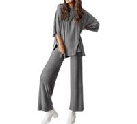 Peshoriadm Casual 2-Piece Loose-Fit Short Sleeve Top & Wide-Leg Pants Set, For Daily Wear Or Loungewear (Gray,M)