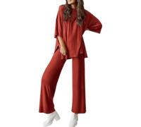 Peshoriadm Casual 2-Piece Loose-Fit Short Sleeve Top & Wide-Leg Pants Set, For Daily Wear Or Loungewear (Red,XL)