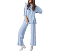Peshoriadm Casual 2-Piece Loose-Fit Short Sleeve Top & Wide-Leg Pants Set, For Daily Wear Or Loungewear (Blue,M)