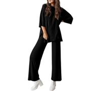 Peshoriadm Casual 2-Piece Loose-Fit Short Sleeve Top & Wide-Leg Pants Set, For Daily Wear Or Loungewear (Black,S)