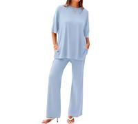 Peshoriadm, set casual da 2 pezzi, top a maniche corte e pantaloni a gamba larga, set da salotto da donna, 2 pezzi, blu cielo, L