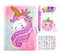 PESLNG Diario segreto per bambina con lucchetto, diario in peluche formato con lucchetto, set di diari per bambine con penna Unicorno multicolore/portamonete/adesivi 3D/braccialetti,230X160X50mm