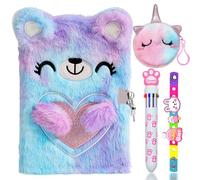 PESLNG Diario segreto per bambina con lucchetto, Orso dei cartoni animati diario in peluche formato con lucchetto, set di diari per bambine con penna multicolore/portamonete/braccialetti
