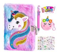 PESLNG Diario segreto per bambina con lucchetto, Unicorno diario in peluche formato con lucchetto, set di diari per bambine con penna multicolore/portamonete/adesivi 3D/braccialetti