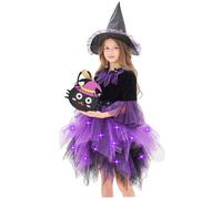 Pesoncarl Costume da stregone per bambini, costume da strega per ragazze include abiti da tulle gonfio illuminato con corda a led, cappello e borsa per la festa del cosplay di Halloween, 140 cm