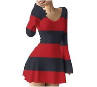 Petite - Abito da donna in maglia, casual, aderente, con scollo rotondo, maniche a campana, per adolescenti e ragazze, a blocchi di colore, aderente, colorato, svasato, linea ad A, per uscire e