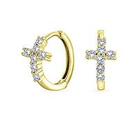 Petites Boucles D'Oreilles Religieuses Kpop Avec Croix En Cz Pour Femmes Pour Hommes Avec Zircone Cubique Pavée En Or Jaune 14K Et En Argent Sterling 925