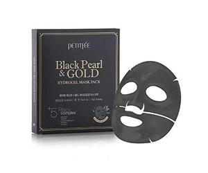 Petitfee - Maschera viso lenitiva in idrogel con estratti di perla nera e oro, confezione da 5 unità, con 5 complessi attivi di carbone nero