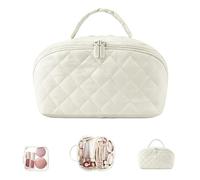 Petition Makeup Bag - Petition Leather Makeup Bag for Woman, 6 Colors, Open Flat Toiletry Bags with Divider and Handle, Waterproof Large Capacity (Off-White)