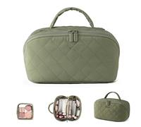 Petition Makeup Bag - Petition Leather Makeup Bag for Woman, 6 Colors, Open Flat Toiletry Bags with Divider and Handle, Waterproof Large Capacity (Dark Green)