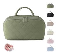 Petition Makeup Bag, Spacious Lay Flat Quilted Makeup Bag for Women With Compartments & Handle, Waterproof Travel Cosmetic Bags (Dark green)