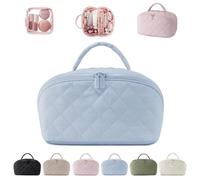 Petition - Trousse per trucchi da donna, espandibile, da viaggio, con scomparto per pennelli, organizer piatto per articoli da toeletta ampio, imbottita e resistente all'acqua, Blu