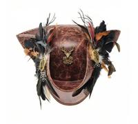 PETSOLA Cappello a Tre Punte da Pirata con Piume Stile Steampunk Cappello da Pirata in Similpelle Invecchiato a Tre Punte in Similpelle, Marrone, M 56-58cm