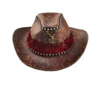 PETSOLA Cappello da Cowboy con Pennacchio Vintage Cappello Western in Pelle Sintetica Elegante Copricapo per Feste a Tema, Marrone, M 56-58cm