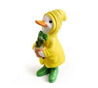 PETSOLA Statua da Giardino a Forma di Anatra Adorabile Anatra da Giardino Resistente Decorazione per Aiuola, Anatra Con Impermeabile Giallo Che Tiene Un Cactus