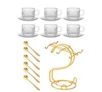 PETSOLA Tazze con Ripiano in Trasparen per con E Cucchiaini Dorati per Servizio Elegan da Tavola Adatto per Uso Quotidiano E Occasioni Speciali, Stile C