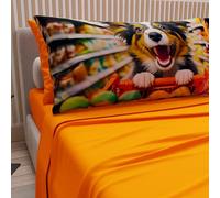 PETTI Artigiani Italiani - Lenzuola Animali con Cani in Cotone con Federe in Stampa Digitale, Lenzuola Una Pizza e Mezza, Completo Letto Una Piazza e Mezza Arancione, 100% Made in Italy