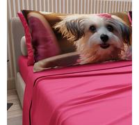 PETTI Artigiani Italiani - Lenzuola Animali con Cani in Cotone con Federe in Stampa Digitale, Lenzuola Una Pizza e Mezza, Completo Letto Una Piazza e Mezza Fuxia, 100% Made in Italy