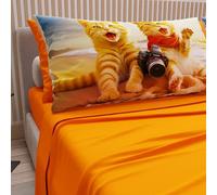 PETTI Artigiani Italiani - Lenzuola Animali con Gatti in Cotone con Federe in Stampa Digitale, Lenzuola Una Pizza e Mezza, Completo Letto Una Piazza e Mezza Arancione, 100% Made in Italy