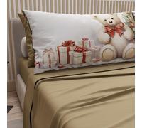 PETTI Artigiani Italiani - Lenzuola in Cotone con Federe in Stampa Digitale di Natale, Lenzuola Natalizie Due Piazze, Completo Letto Matrimoniale Natalizio, Orsetto 01 Tortora, 100% Made in Italy