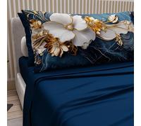 PETTI Artigiani Italiani - Lenzuola in Cotone con Federe in Stampa Digitale, Una Piazza e Mezza Francese, Completo Lenzuolo Sopra e Sotto con Angoli, Floreale 06 5 Blu Notte, 100% Made in Italy
