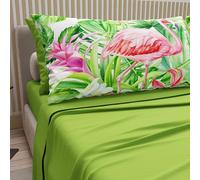 PETTI Artigiani Italiani - Lenzuola in Cotone con Federe in Stampa Digitale, Una Piazza e Mezza Francese, Completo Lenzuolo Sopra e Sotto con Angoli, Flamingo Verde, 100% Made in Italy