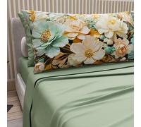 PETTI Artigiani Italiani - Lenzuola in Cotone con Federe in Stampa Digitale, Una Piazza e Mezza Francese, Completo Lenzuolo Sopra e Sotto con Angoli, Floreale 05 9 Salvia, 100% Made in Italy