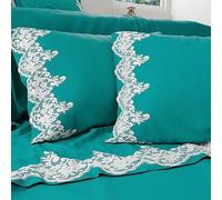 PETTI Artigiani Italiani - Lenzuola Percalle, Lenzuola Matrimoniali con Merletto, Lenzuola Cotone Percalle, Completo Letto Matrimoniale, Lenzuola con Pizzo Verdeacqua 100% Made in Italy